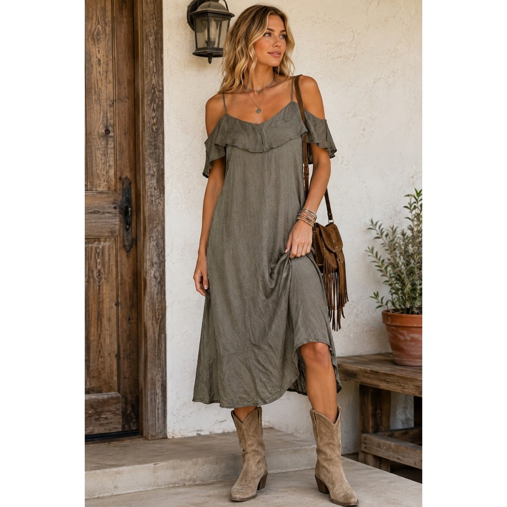 Black Swan Cold Shoulder Dress L Cupro Tencel Ruffle Boho Midi Dress Taupe